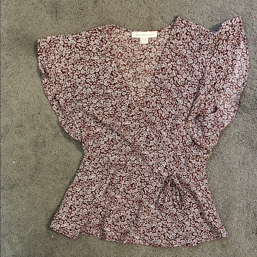 Monteau Floral Wrap Blouse - Brown and White